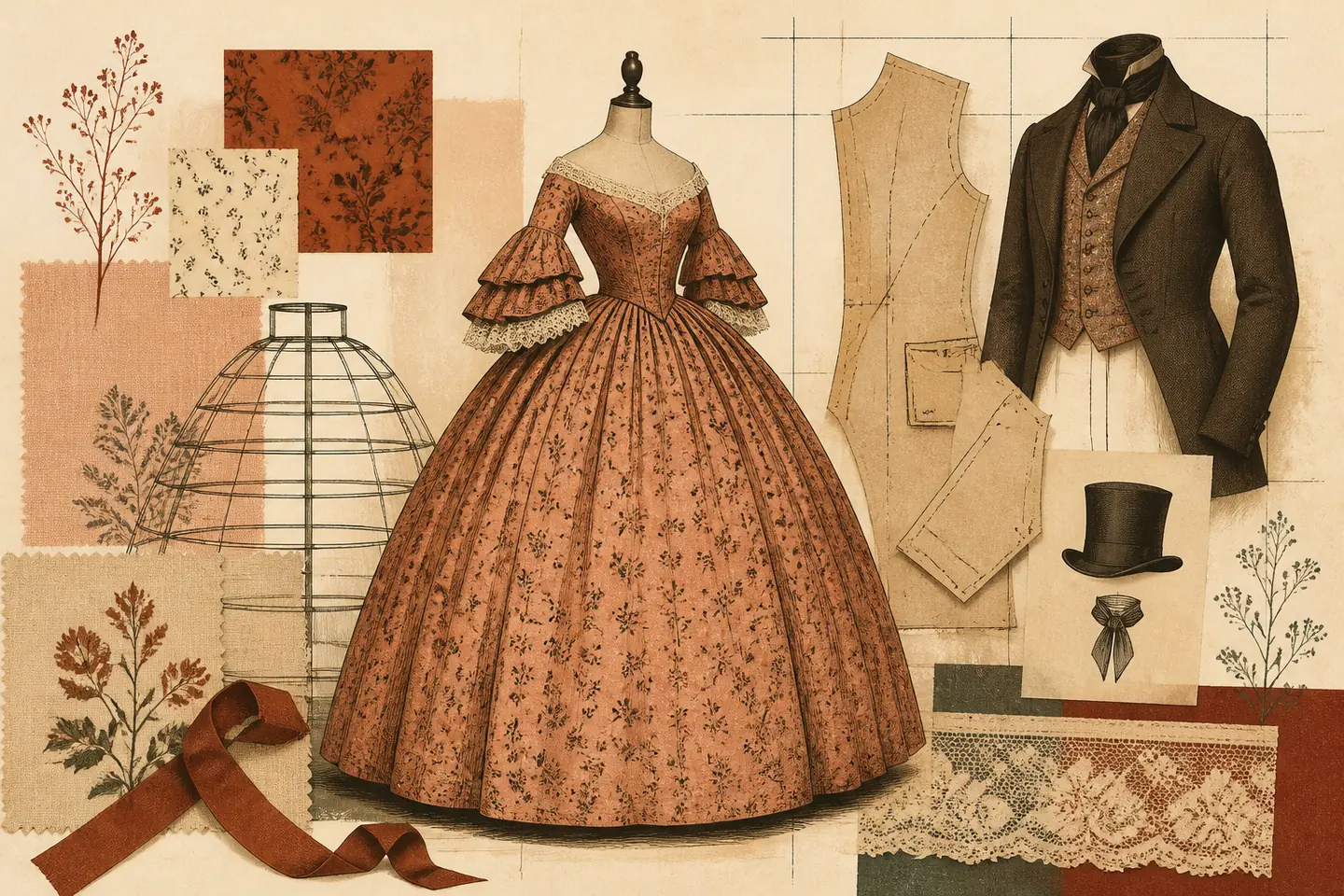 Terracotta atelier collage showing an 1850s dome-skirt dress form, cage crinoline, frock coat, waistcoat, pattern pieces, ribbon, lace, and textile swatches.