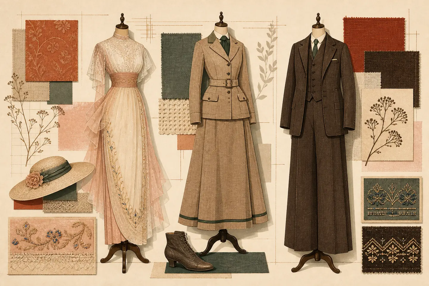 Illustrated atelier board showing a draped 1910s gown, a belted walking suit, and a dark three-piece lounge suit among terracotta textile swatches, embroidery, a broad-brim hat, and a lace-up boot.