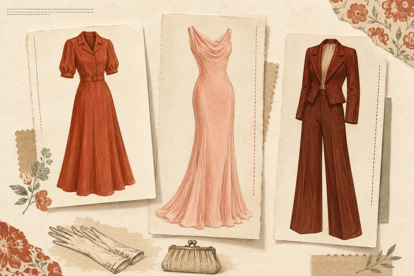 Illustrated 1930s terracotta day dress, blush draped evening gown, and dark clay trouser suit on textured cream paper with floral swatches, gloves, and a clasp handbag.