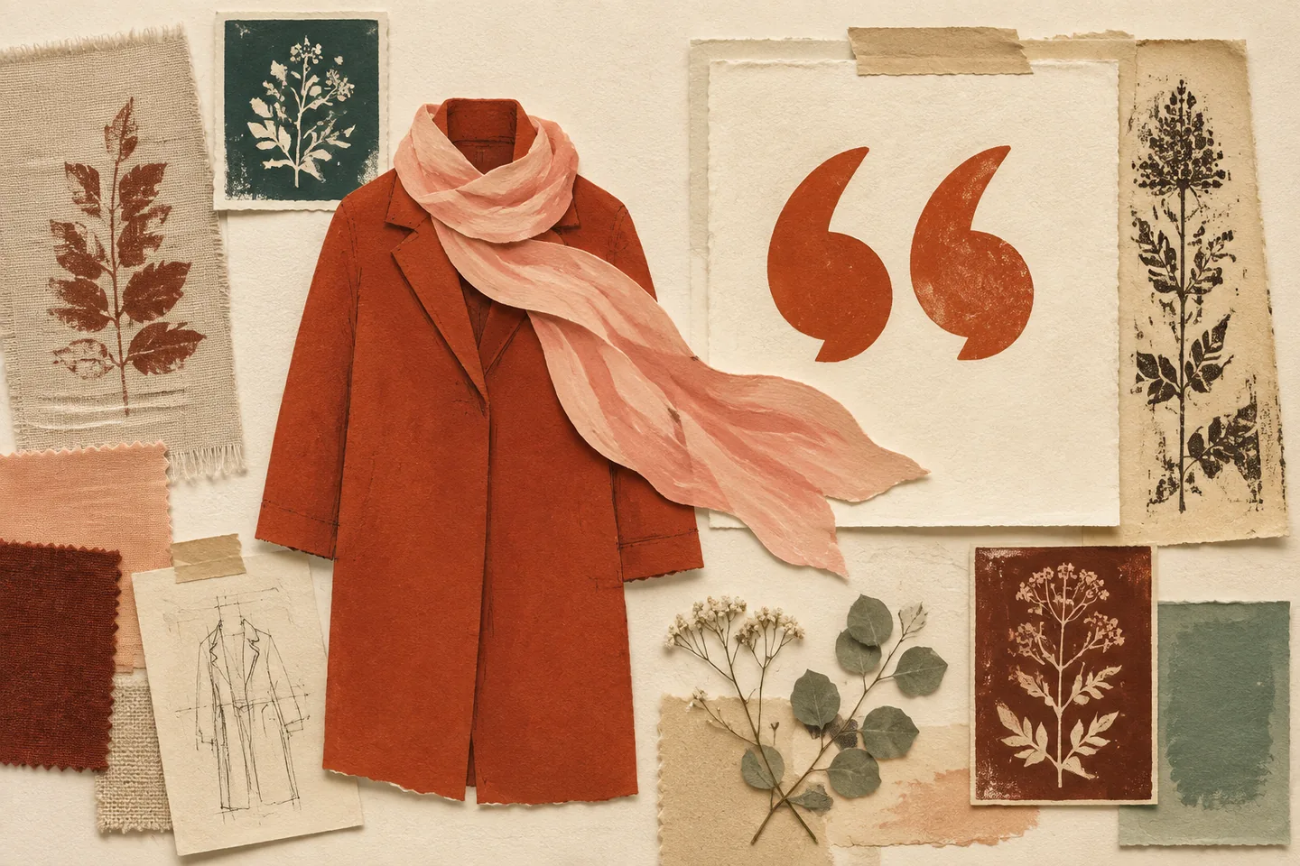 Terracotta paper coat with a flowing petal-pink scarf, oversized quotation marks, fabric swatches and botanical prints on cream textured paper.