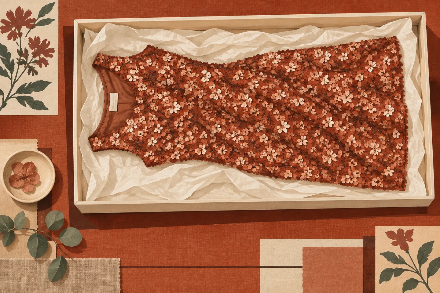 Terracotta editorial illustration of a sequined dress lying flat in a cream tissue-lined storage box, surrounded by floral paper and linen textures.